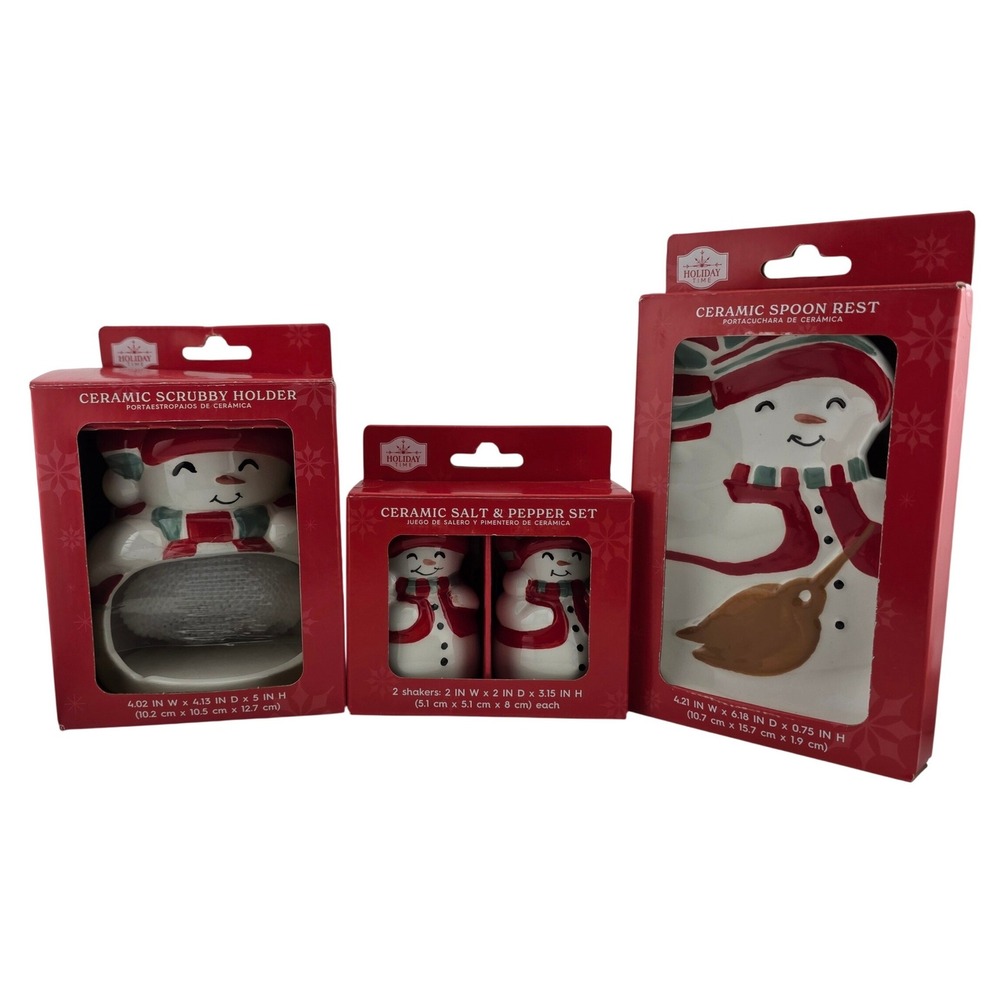 Holiday Time Snowman Ceramic Kitchen Set Scrubby Holder Spoon‎ Rest Shakers